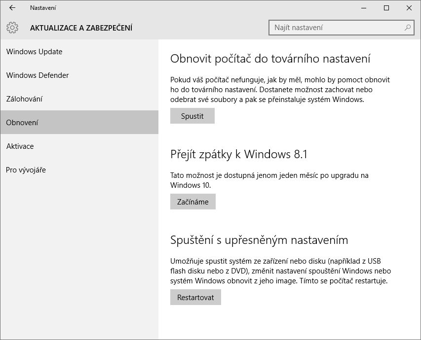 Jak se z Windows 10 vrátit zpět na původní Windows?
